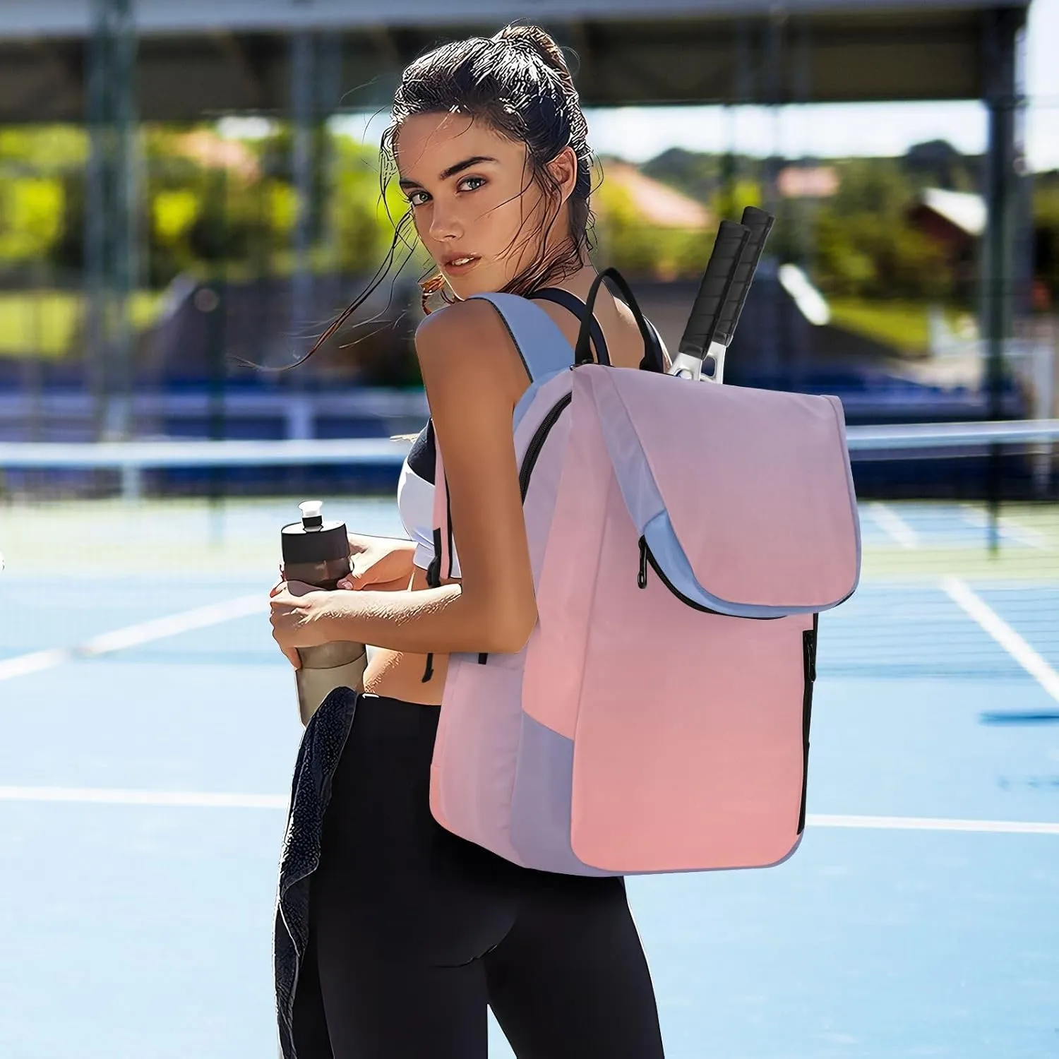 GAIGEO Blue Pink Gradient Pickleball Backpack, Multiple Storage Compartments Pickleball Bags, Foldable Racket Pocket