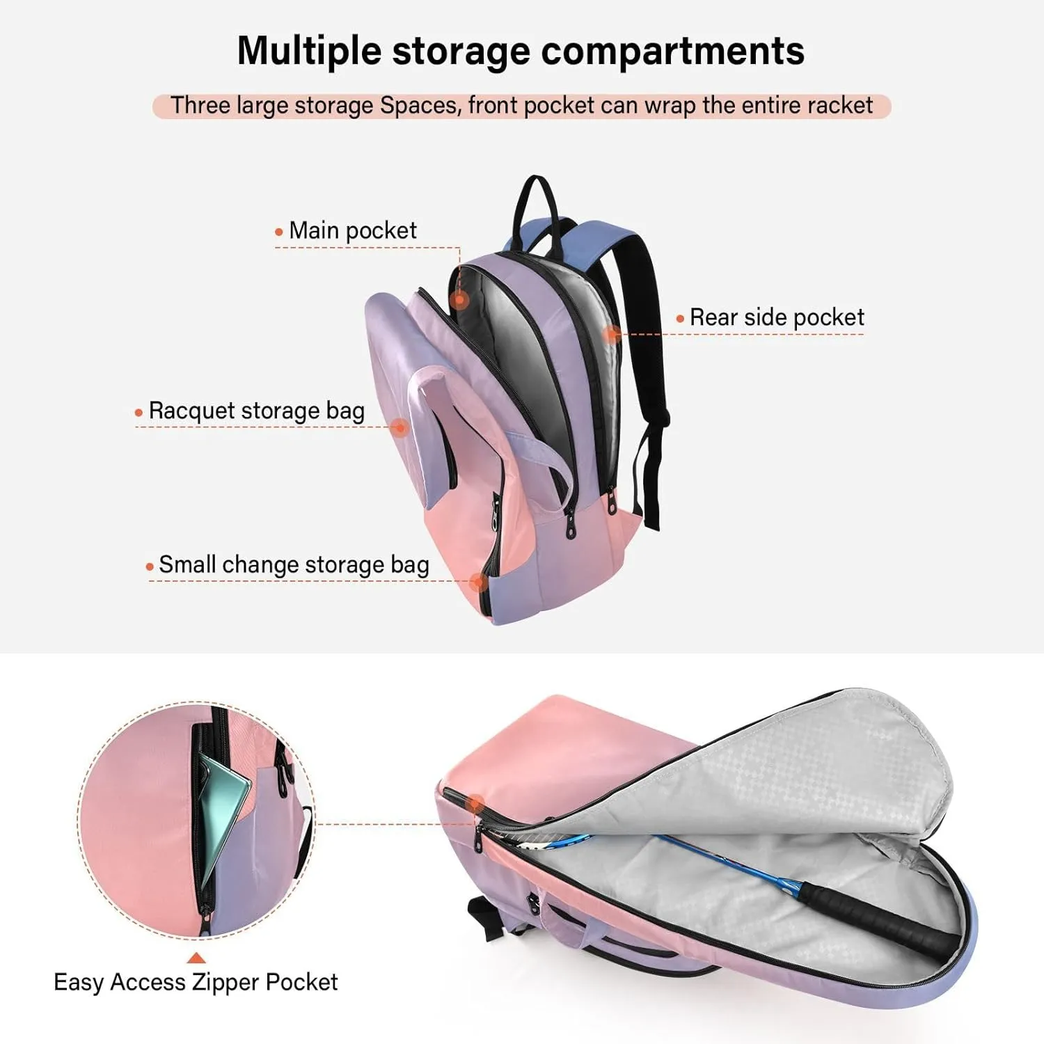 GAIGEO Blue Pink Gradient Pickleball Backpack, Multiple Storage Compartments Pickleball Bags, Foldable Racket Pocket