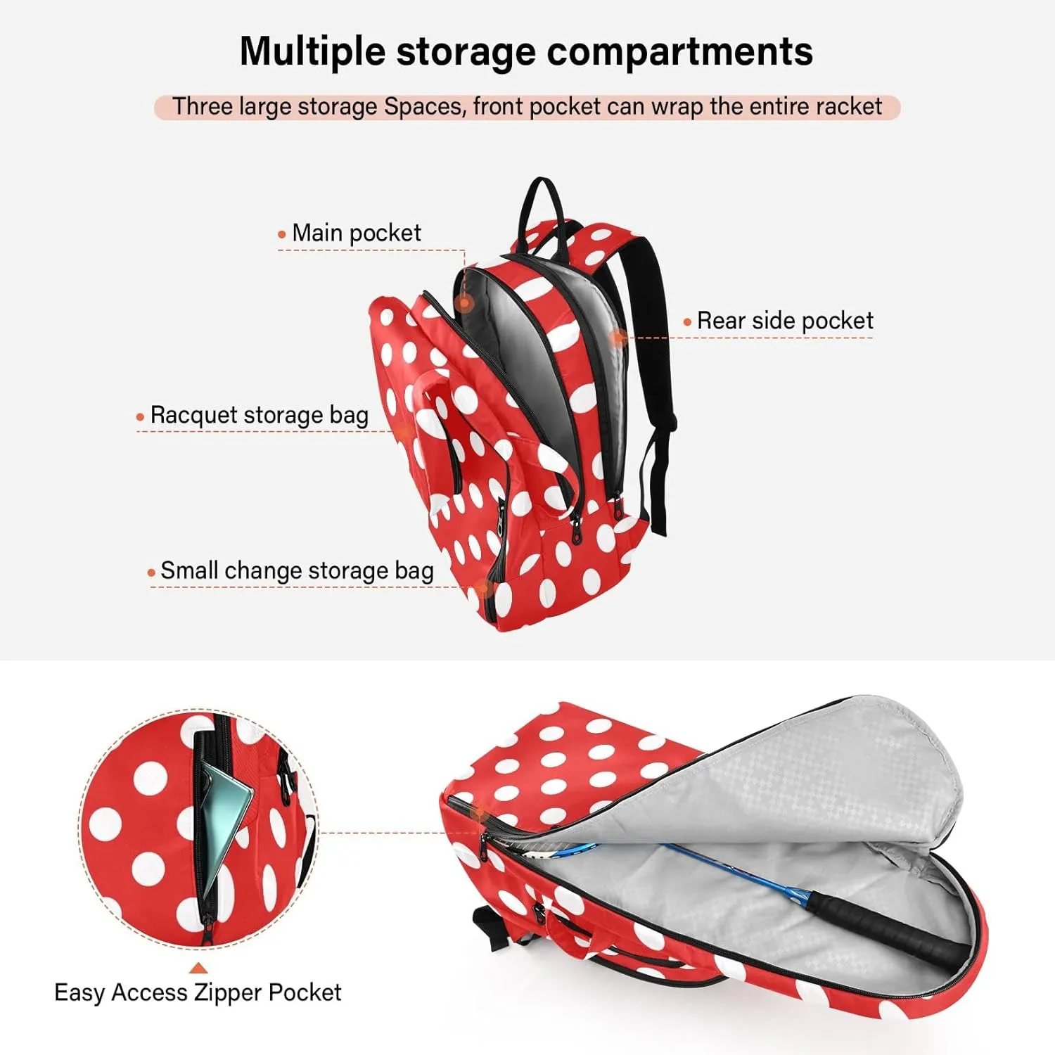 GAIGEO Polka Dot Racket Bag, Multilayer Design Badminton Bag, Sports and Daily Use