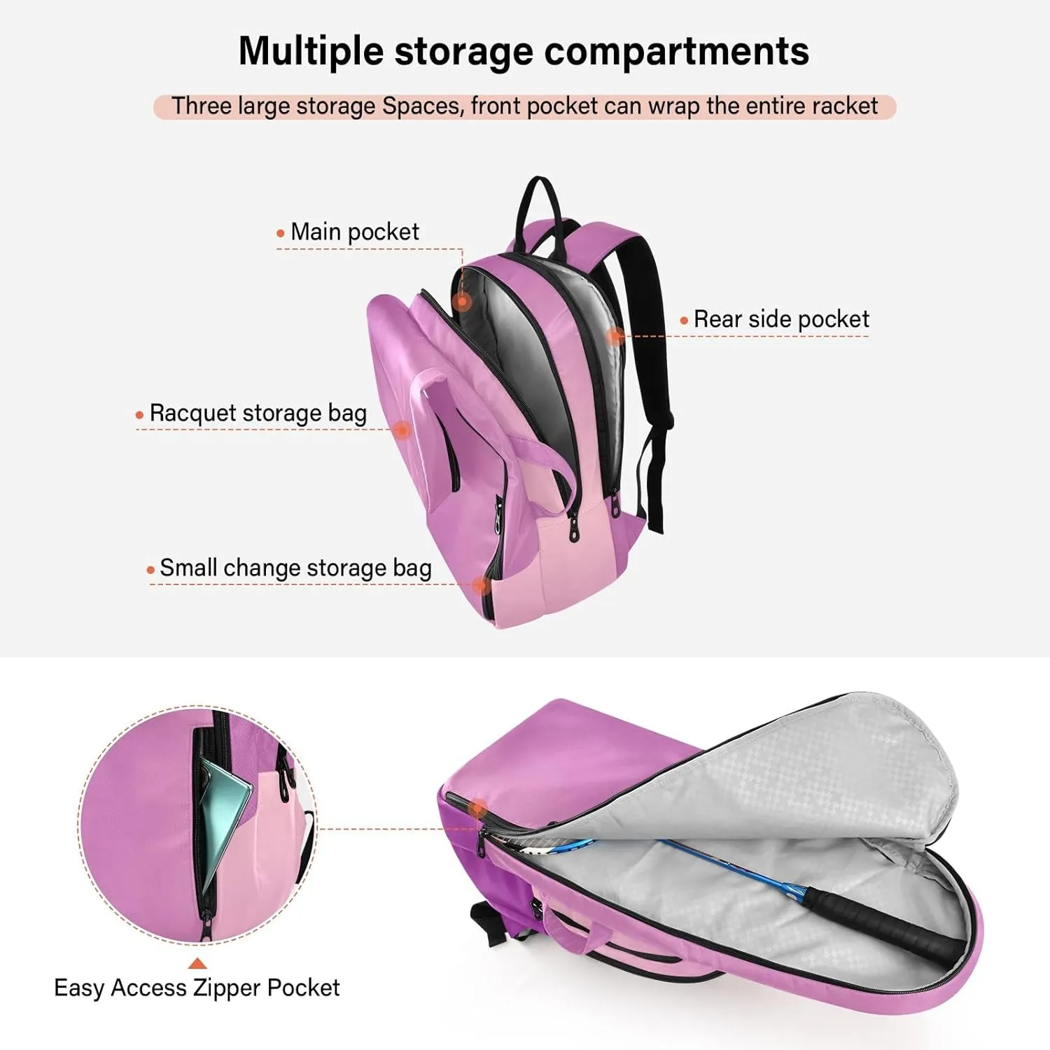 GAIGEO Racket Bag, Multiple Storage Compartments, Foldable Racket Pocket