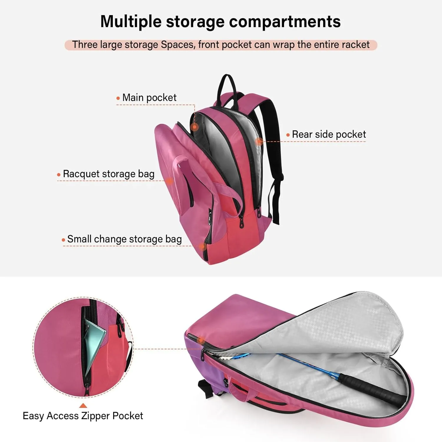 GAIGEO Silver Pink Glitter Tennis Racquet Bag, Multiple Storage Compartments, Foldable Racket Pocket