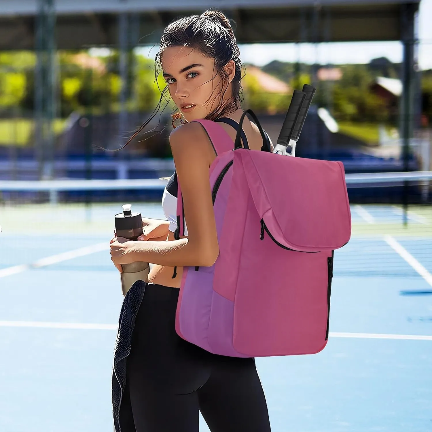 GAIGEO Silver Pink Glitter Tennis Racquet Bag, Multiple Storage Compartments, Foldable Racket Pocket