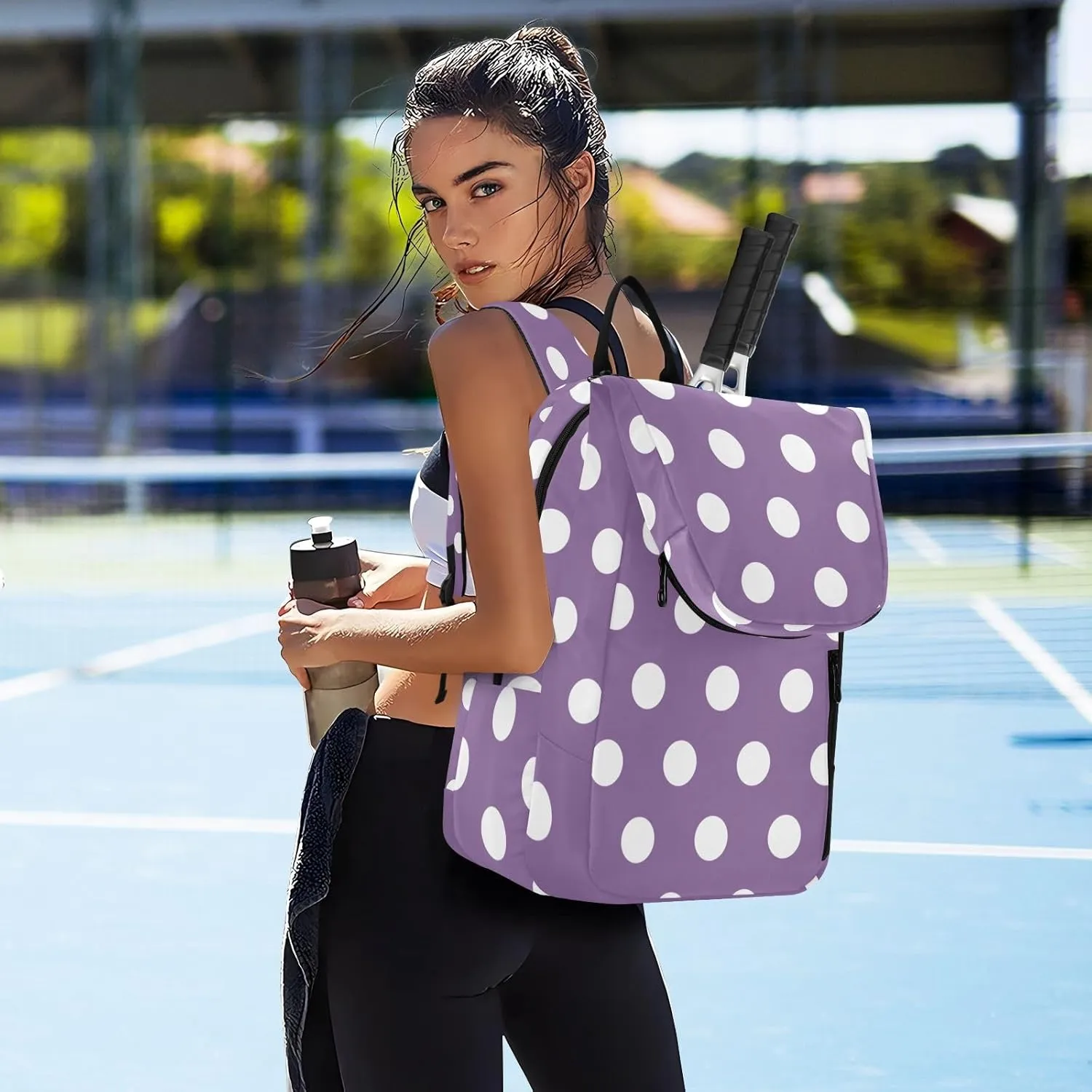 GAIGEO White Brown Retro Polka Dot Pickleball Bag, Multiple Storage Compartments, Foldable Racket Pocket