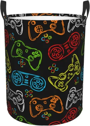 Game Joysticks Colorful Silhouettes Round Laundry Hamper Gaming Theme Storage Basket Toys Clothes Organizer Bin For Home Bathroom Bedroom Dorm Nursery, 38l