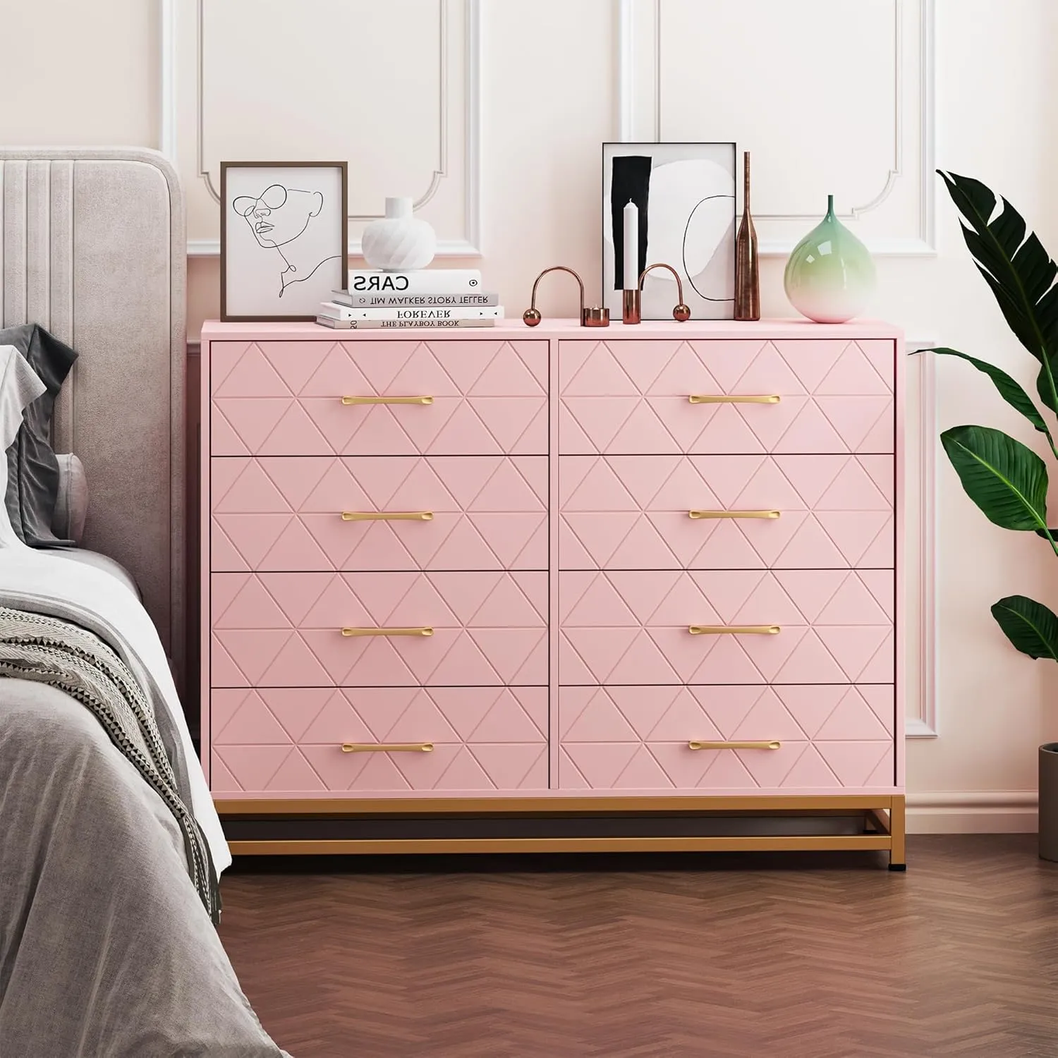 GAOMON Dresser for Bedroom with 8 Drawer, TV Stand Dressers Chest of Drawers for Living Room Hallway Entryway, Pink