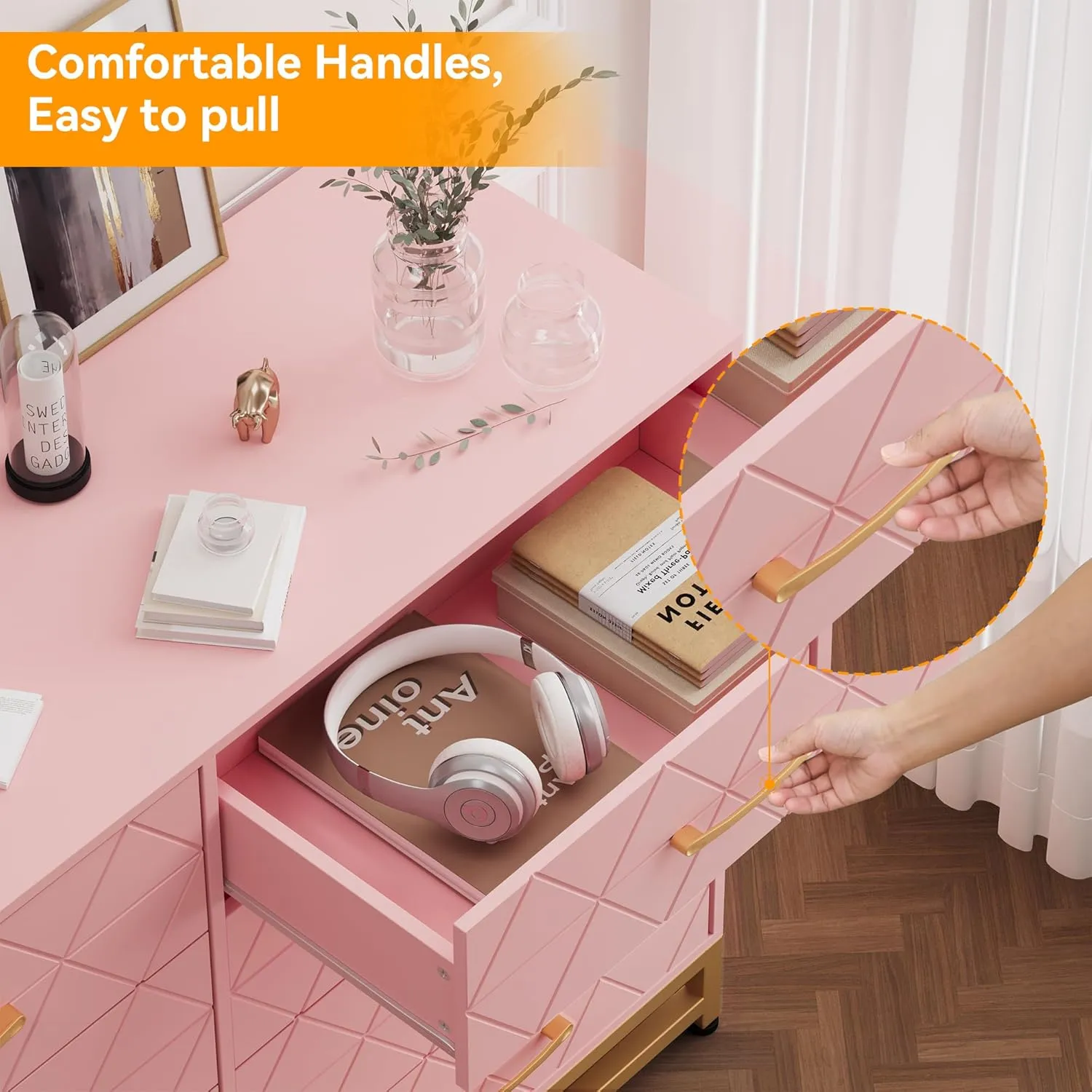 GAOMON Dresser for Bedroom with 8 Drawer, TV Stand Dressers Chest of Drawers for Living Room Hallway Entryway, Pink