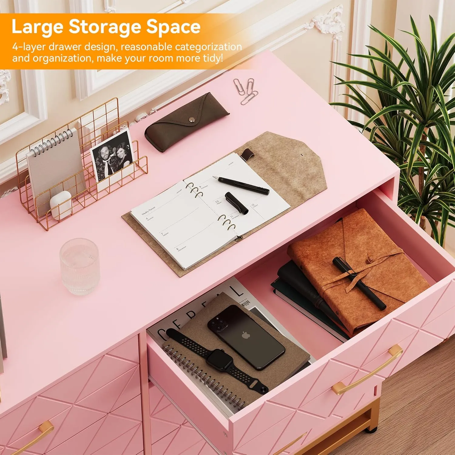 GAOMON Dresser for Bedroom with 8 Drawer, TV Stand Dressers Chest of Drawers for Living Room Hallway Entryway, Pink