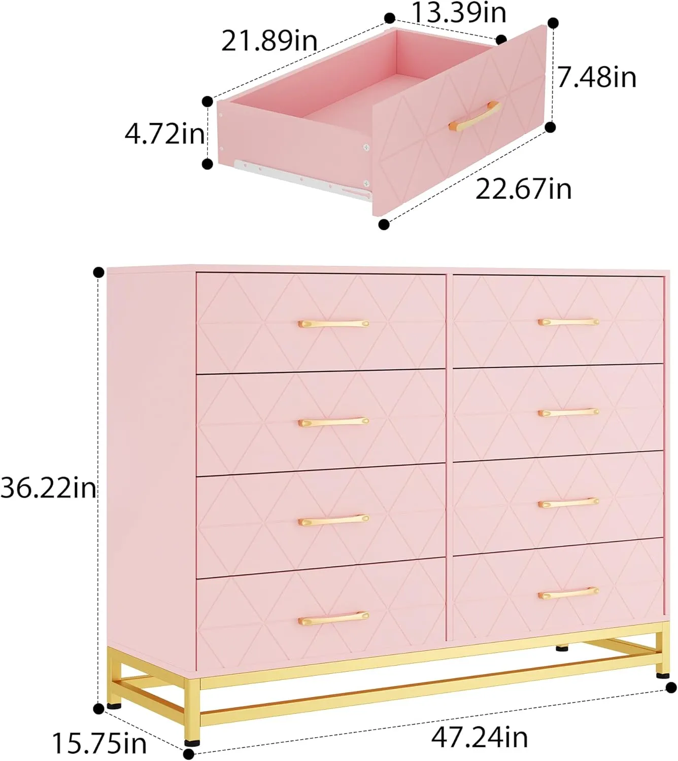 GAOMON Dresser for Bedroom with 8 Drawer, TV Stand Dressers Chest of Drawers for Living Room Hallway Entryway, Pink