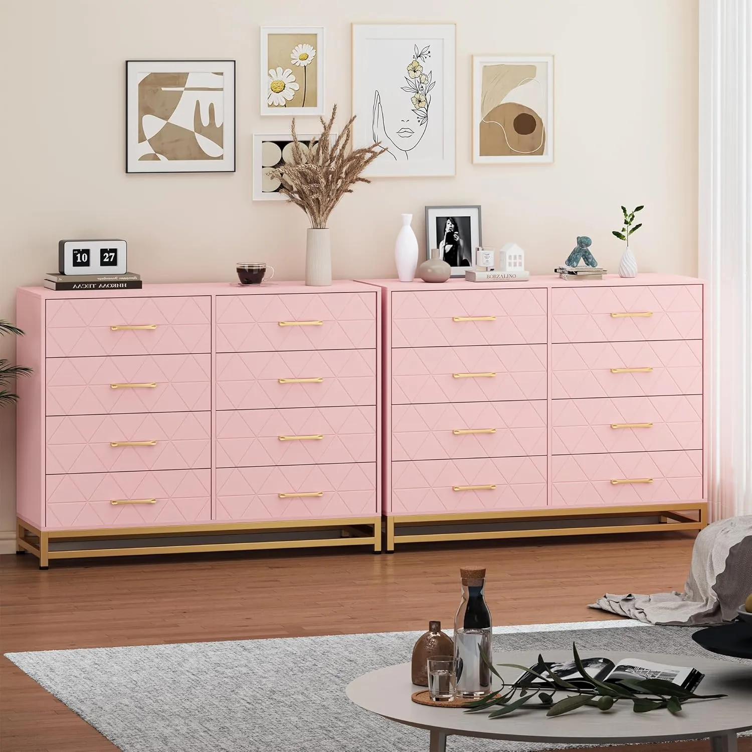 GAOMON Dresser for Bedroom with 8 Drawer, TV Stand Dressers Chest of Drawers for Living Room Hallway Entryway, Pink