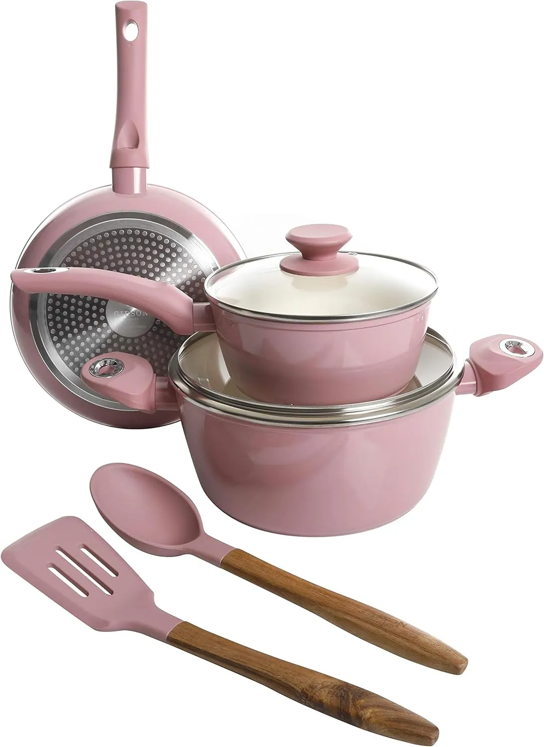 Gibson Home Plaza Café Forged Aluminum Healthy PFA-Free Ceramic Pots and Pans Cookware Set, 7-Piece Set, Lavender Pink