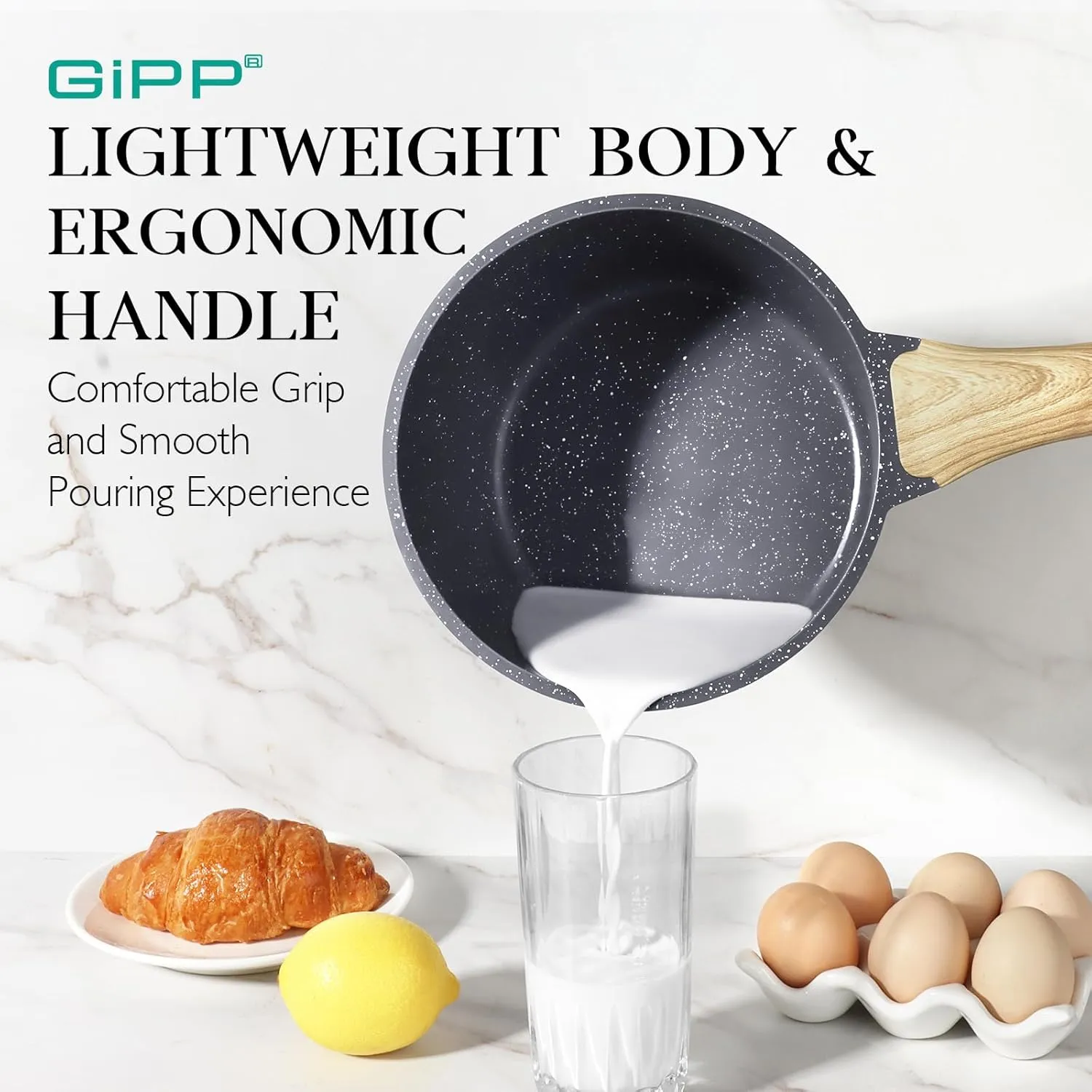 GiPP 1.5Qt & 2.5Qt Sauce Pan Set with Lid Nonstick - Grey Granite Non Stick Saucepan 4Pcs Sauce Pots Cooking Pot with Stay-cool Handle, Small Kitchen Pots Set Induction Pot, PFOA Free