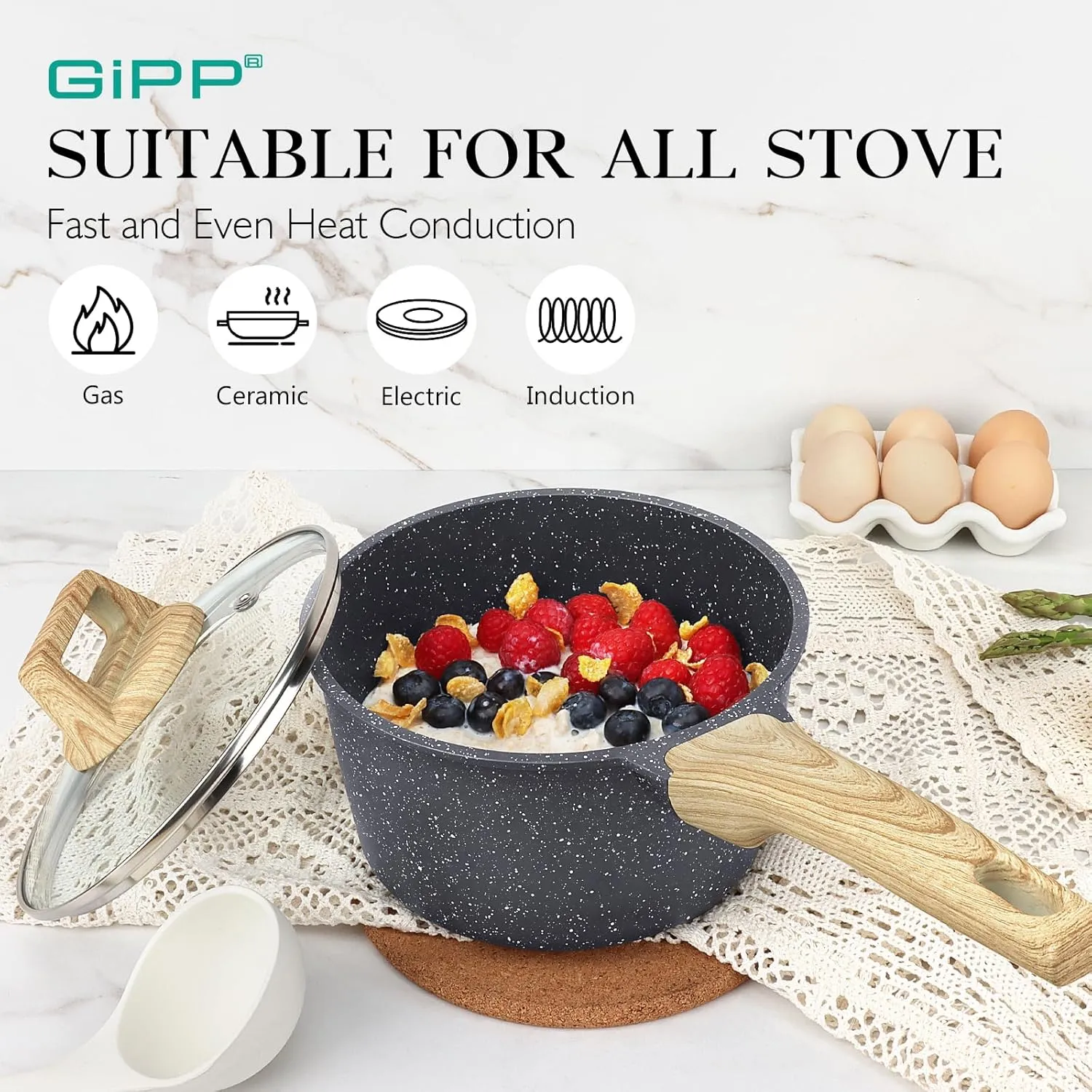 GiPP 1.5Qt & 2.5Qt Sauce Pan Set with Lid Nonstick - Grey Granite Non Stick Saucepan 4Pcs Sauce Pots Cooking Pot with Stay-cool Handle, Small Kitchen Pots Set Induction Pot, PFOA Free