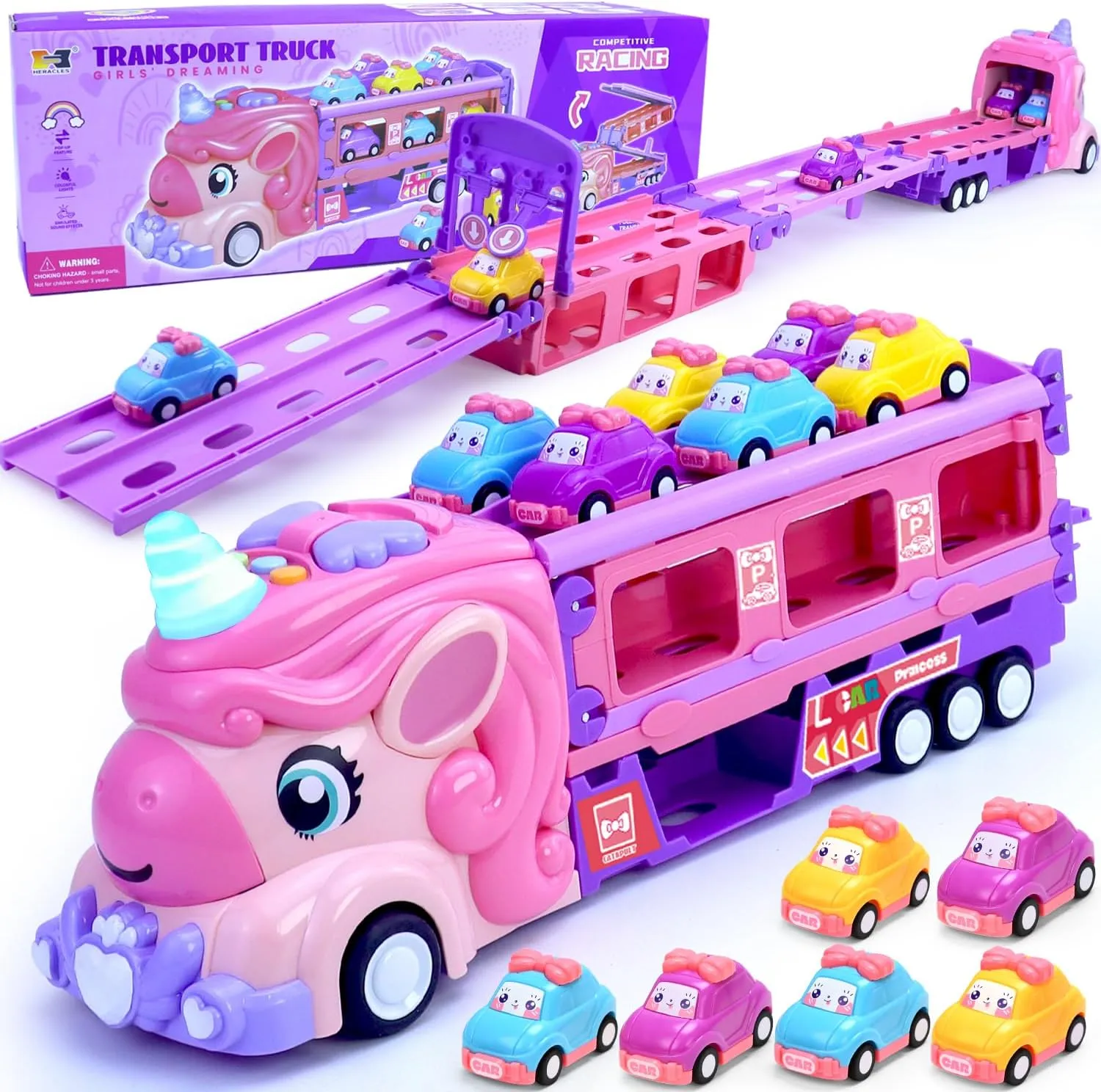 Girls Cars for 1 2 3 4 5 Year Old,Kids 7-in-1 Pink Unicorn Foldable Transport Carrier Trucks with Lights and Music W/ 6 Princess Cars Birthday Presents for 1-3 3-5 Yrs Old Girls Toddlers Babys