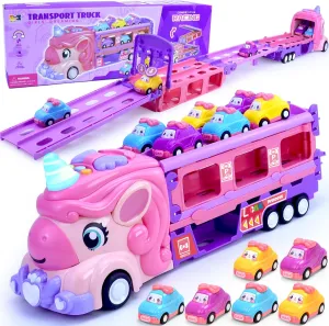 Girls Cars for 1 2 3 4 5 Year Old,Kids 7-in-1 Pink Unicorn Foldable Transport Carrier Trucks with Lights and Music W/ 6 Princess Cars Birthday Presents for 1-3 3-5 Yrs Old Girls Toddlers Babys
