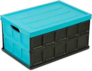Glad Collapsible Storage Bin with Lid - 48L Foldable Plastic Box for Garage, Car Trunk, and Organization - Stackable Lidded Container with Handles, Turquoise