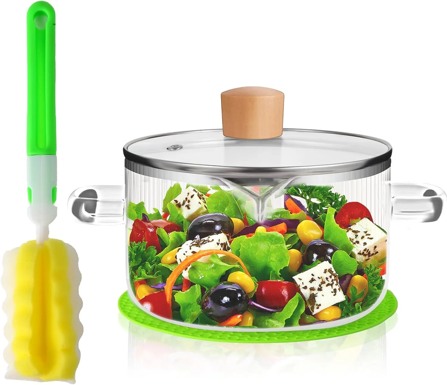 Glass Cooking Pot with Lid, 60.8OZ Simmer Pot with Spout Heat Resistant Glass Saucepan Borosilicate Stovetop Cooking Pot with Cover Handle Cookware Pot for Pasta, Noodles, Soup, Cereals, Fruit
