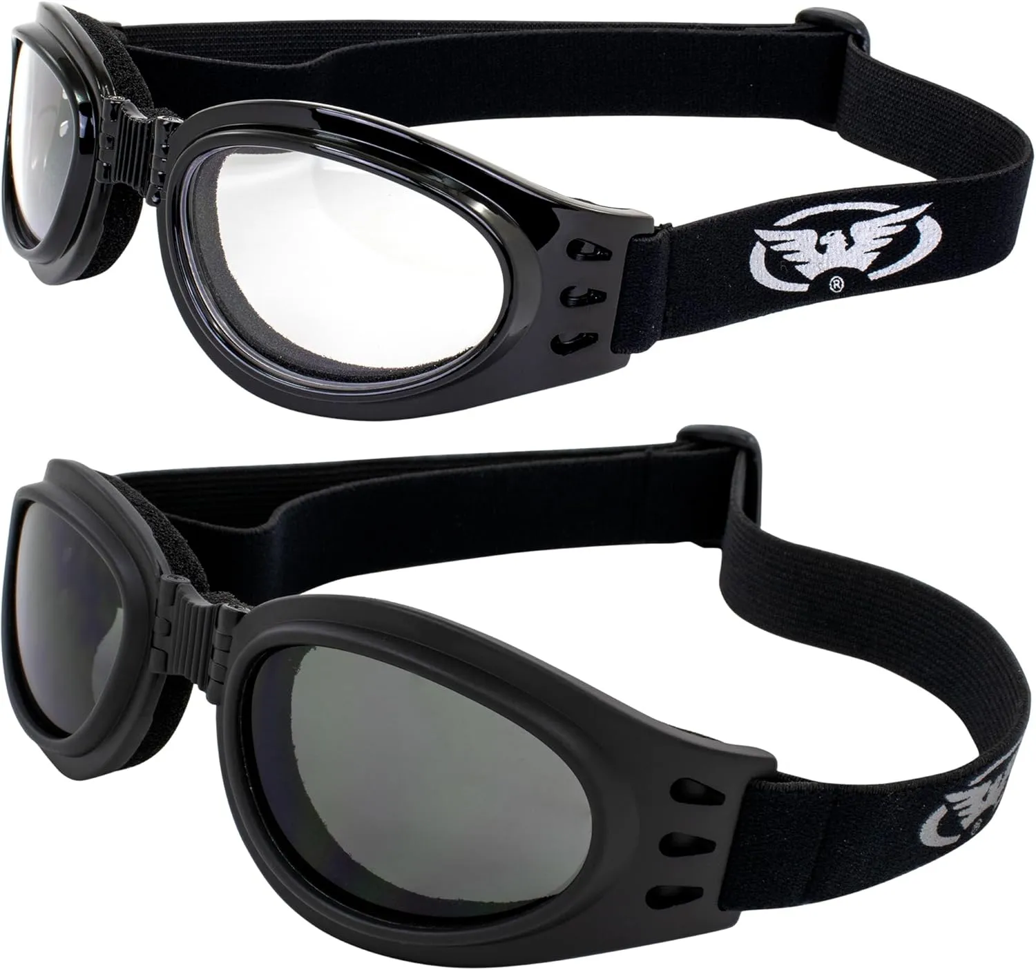 Global Vision 2 Two Padded Motorcycle Goggles Day Smoke & Night Clear They Fold in Half for Easy Storage in Your Pocket or Other Places
