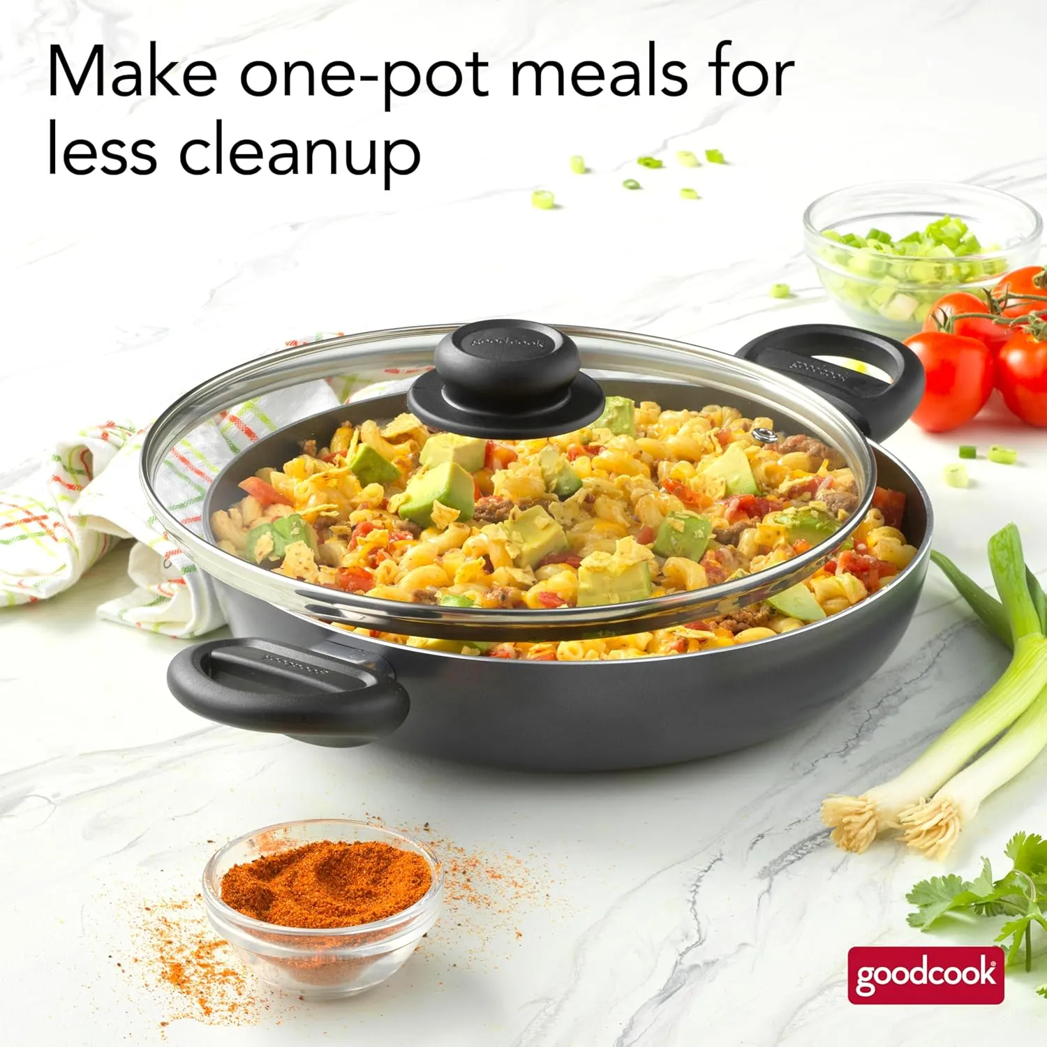 GoodCook Everyday 10.4-Inch Nonstick Cooking Pot with Lid, One Pot Meal Pan, Deep Casserole Dish, Aluminum Stockpot with Higher Walls, Ergonomic Handles, Even Heating, Black