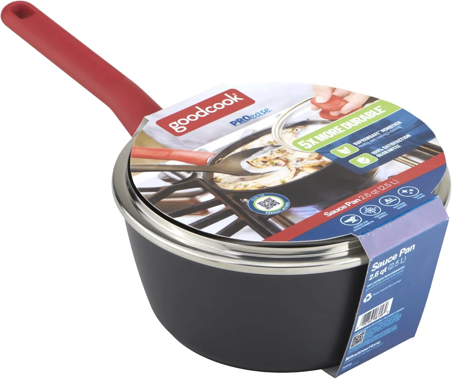 GoodCook ProEase Nonstick 2.5-Quart Sauce Pan with Lid, Forged Aluminum Cooking Pot, Even Heating, Stay-Cool Ergonomic Handle, Supremsafe Nonstick Coating, Matte Black Finish, Durable Cookware