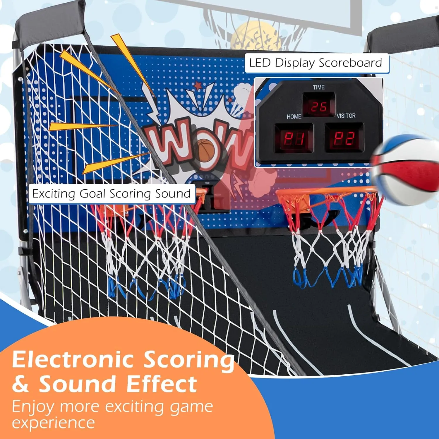 Goplus Foldable Dual Shot Basketball Arcade Game, Basketball Hoop Game w/Electronic Scoring, 8 Game Modes, 4 Balls, Indoor Outdoor Electronic Basketball Game Machine for Kids Adults (Navy)