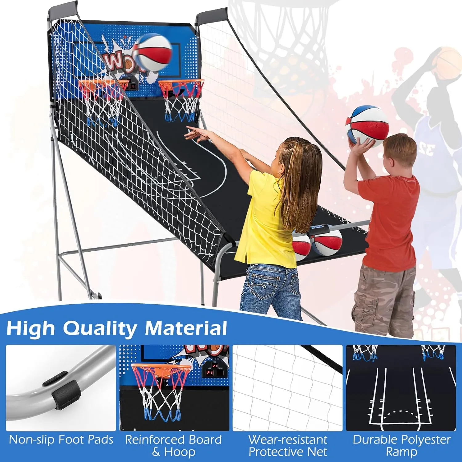 Goplus Foldable Dual Shot Basketball Arcade Game, Basketball Hoop Game w/Electronic Scoring, 8 Game Modes, 4 Balls, Indoor Outdoor Electronic Basketball Game Machine for Kids Adults (Navy)