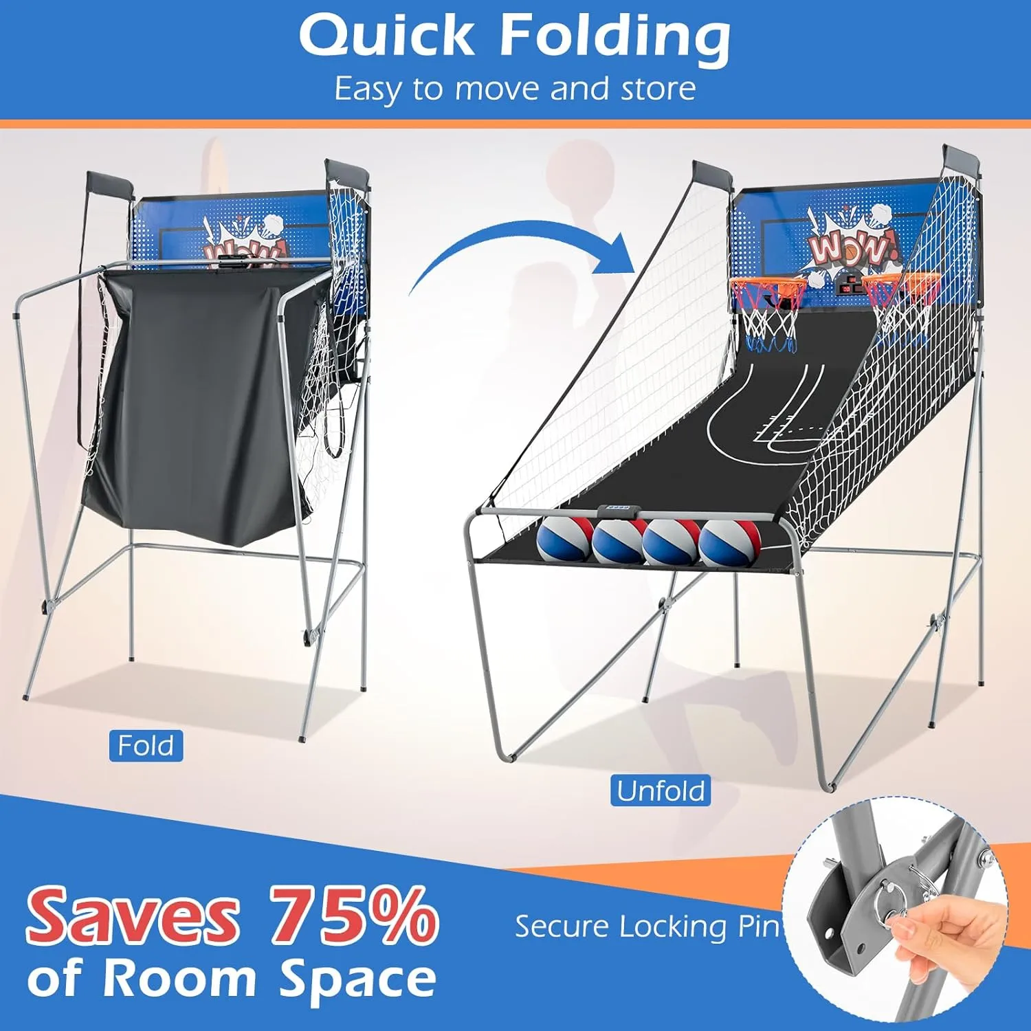 Goplus Foldable Dual Shot Basketball Arcade Game, Basketball Hoop Game w/Electronic Scoring, 8 Game Modes, 4 Balls, Indoor Outdoor Electronic Basketball Game Machine for Kids Adults (Navy)