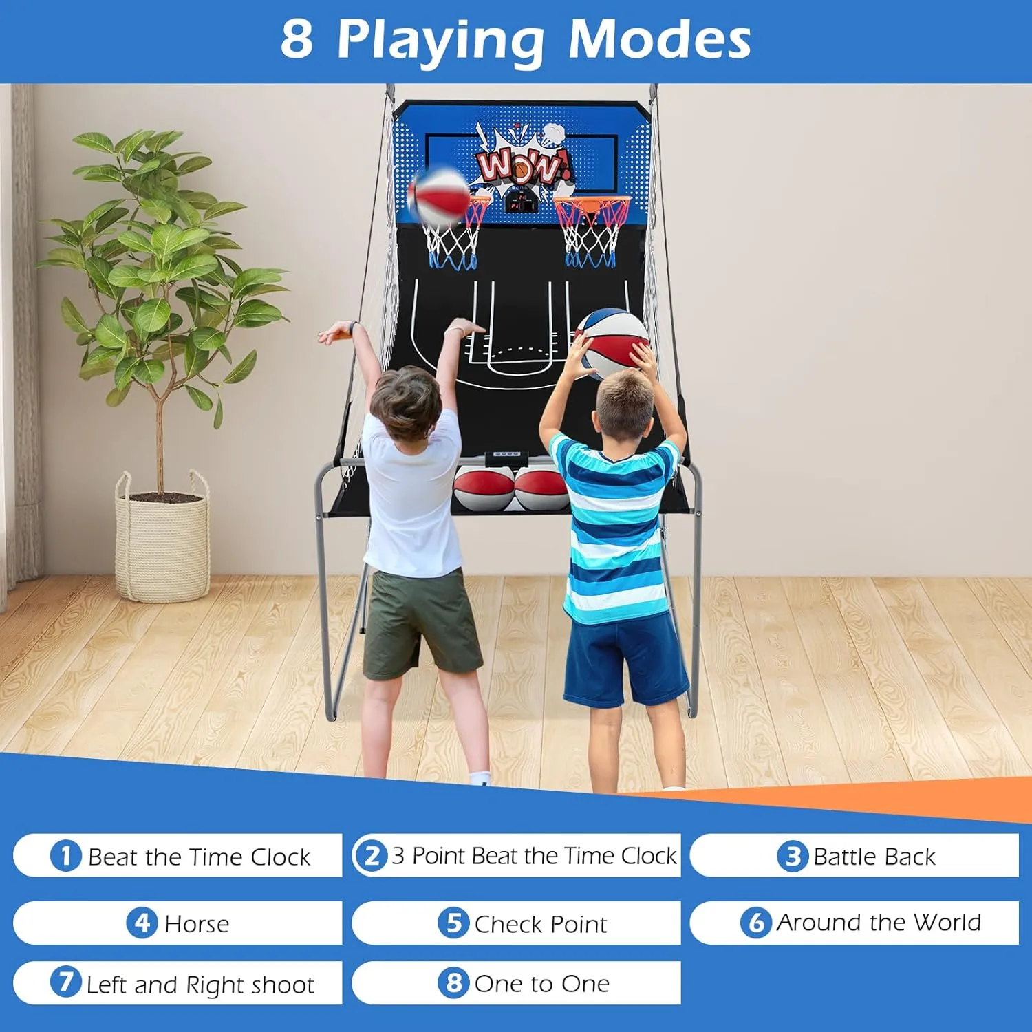 Goplus Foldable Dual Shot Basketball Arcade Game, Basketball Hoop Game w/Electronic Scoring, 8 Game Modes, 4 Balls, Indoor Outdoor Electronic Basketball Game Machine for Kids Adults (Navy)