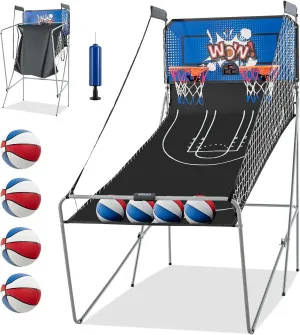 Goplus Foldable Dual Shot Basketball Arcade Game, Basketball Hoop Game w/Electronic Scoring, 8 Game Modes, 4 Balls, Indoor Outdoor Electronic Basketball Game Machine for Kids Adults (Navy)
