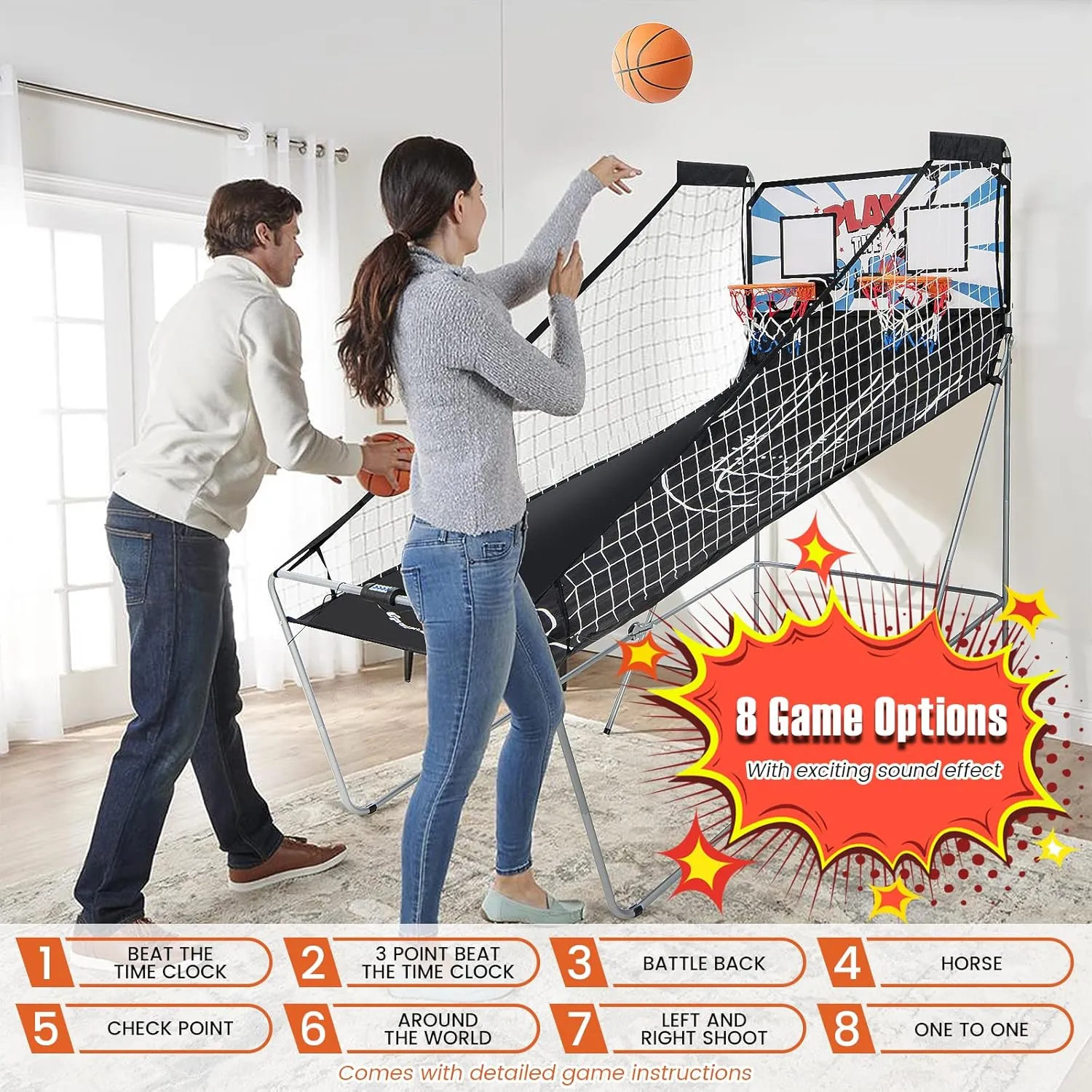 Goplus Foldable Dual Shot Basketball Arcade Game, Basketball Hoop Game w/Electronic Scoring, 8 Game Modes, 4 Balls, Indoor Outdoor Electronic Basketball Game Machine for Kids Adults (White Blue)