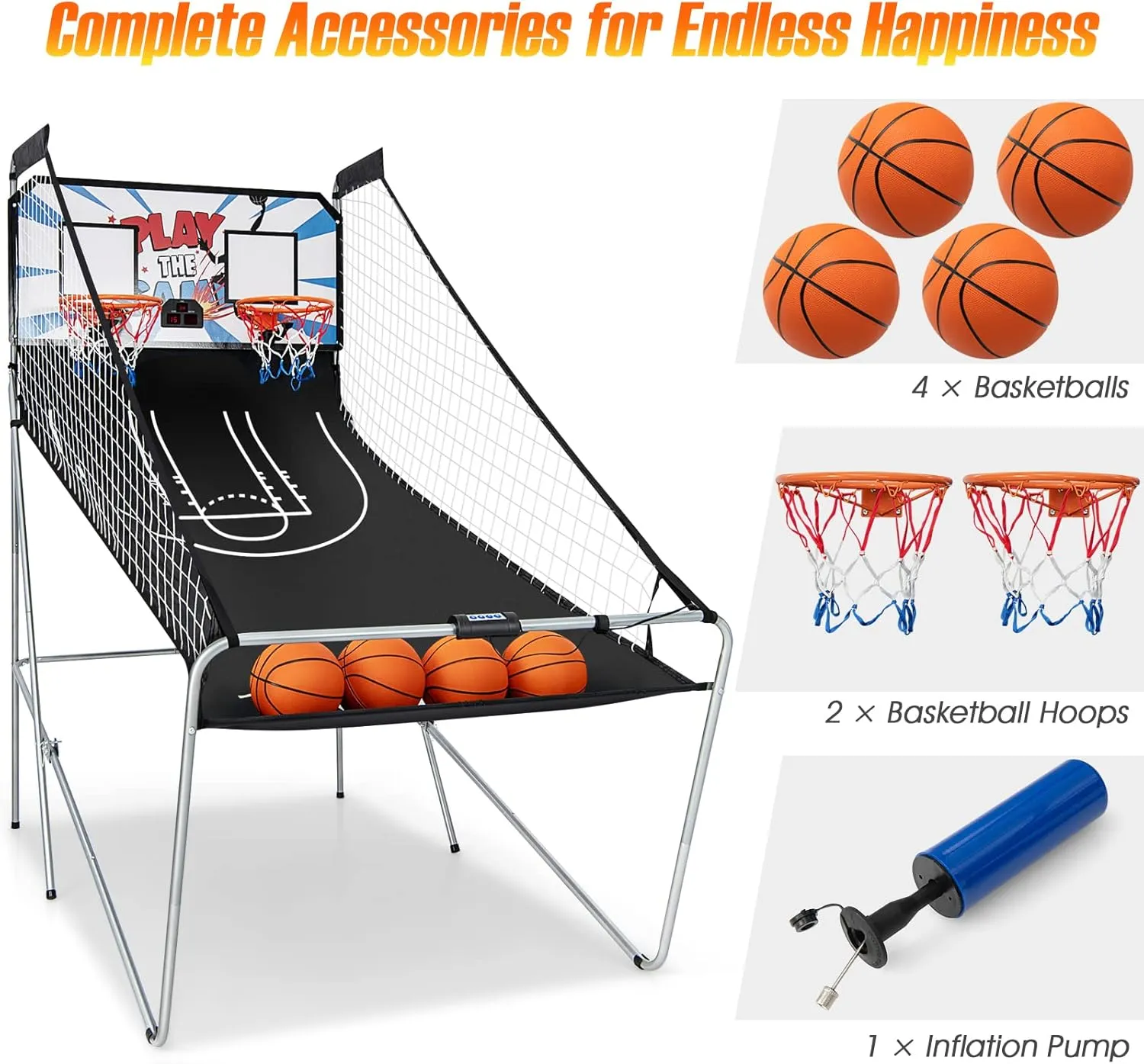 Goplus Foldable Dual Shot Basketball Arcade Game, Basketball Hoop Game w/Electronic Scoring, 8 Game Modes, 4 Balls, Indoor Outdoor Electronic Basketball Game Machine for Kids Adults (White Blue)