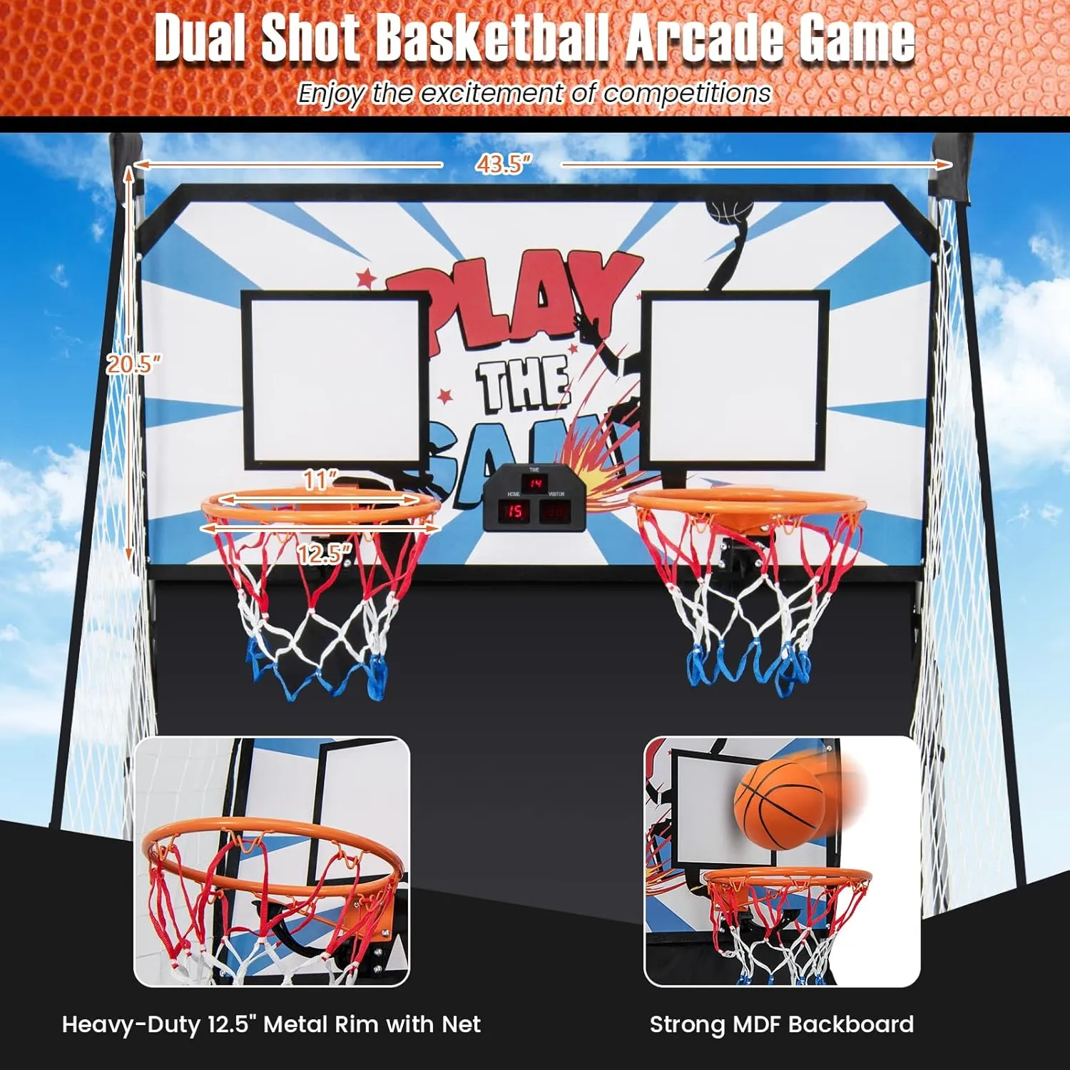 Goplus Foldable Dual Shot Basketball Arcade Game, Basketball Hoop Game w/Electronic Scoring, 8 Game Modes, 4 Balls, Indoor Outdoor Electronic Basketball Game Machine for Kids Adults (White Blue)