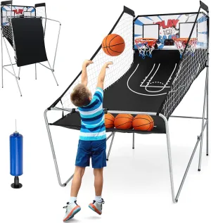 Goplus Foldable Dual Shot Basketball Arcade Game, Basketball Hoop Game w/Electronic Scoring, 8 Game Modes, 4 Balls, Indoor Outdoor Electronic Basketball Game Machine for Kids Adults (White Blue)