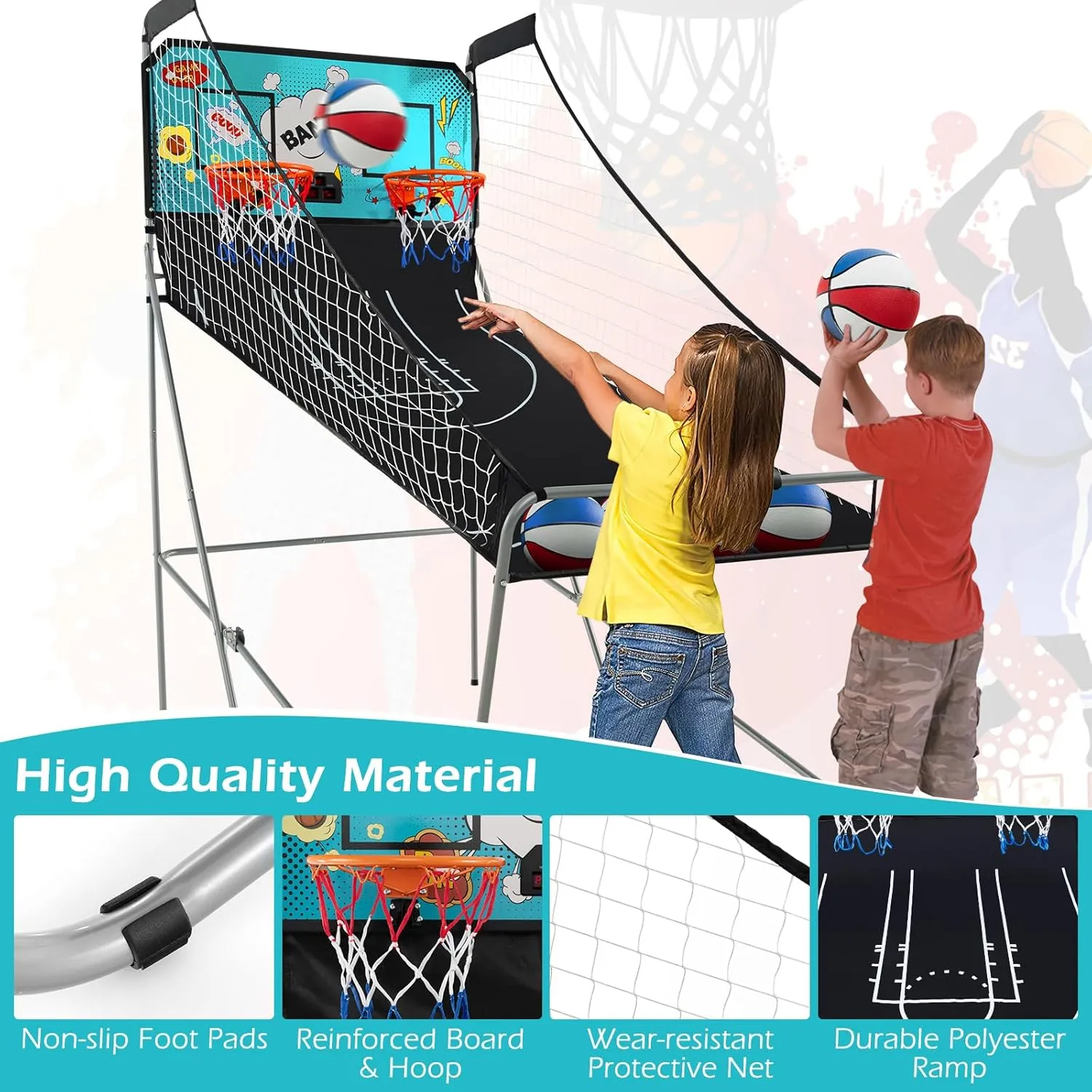 Goplus Foldable Dual Shot Basketball Arcade Game, Electronic Basketball Hoop Game w/LCD Scoreboard, 8 Game Modes, 4 Balls, Indoor Outdoor Basketball Game Machine for Kids Adults (Green)