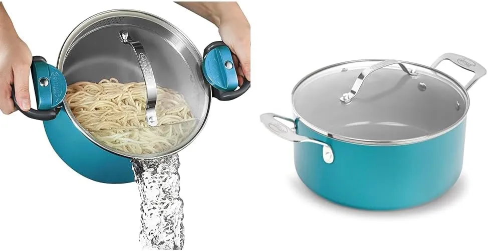 Gotham Steel 5 Quart Stock Pot with Strainer Lid & Twist Lock Handles   5 Quart Nonstick Stock Pot Bundle