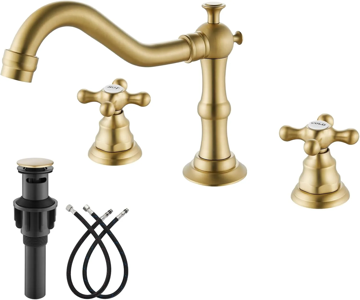 gotonovo 8 Inch Centerset Widespread Bathroom Sink Faucet Brushed Gold Mixing Tap Deck Mount Double HOT and Cold Label Cross Knobs 3 Hole with ABS Pop Up Drain Vanity Faucets