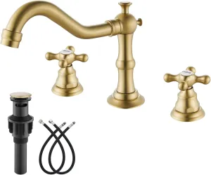gotonovo 8 Inch Centerset Widespread Bathroom Sink Faucet Brushed Gold Mixing Tap Deck Mount Double HOT and Cold Label Cross Knobs 3 Hole with ABS Pop Up Drain Vanity Faucets