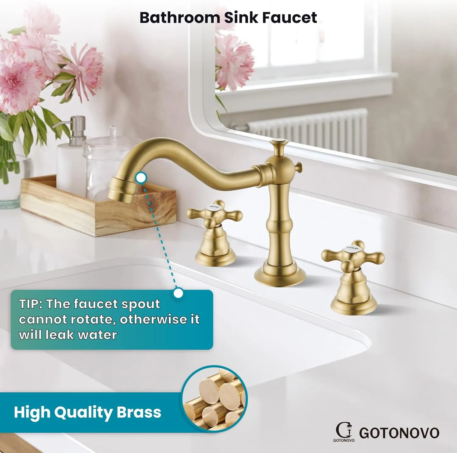 gotonovo 8 Inch Centerset Widespread Bathroom Sink Faucet Brushed Gold Mixing Tap Deck Mount Double HOT and Cold Label Cross Knobs 3 Hole with ABS Pop Up Drain Vanity Faucets