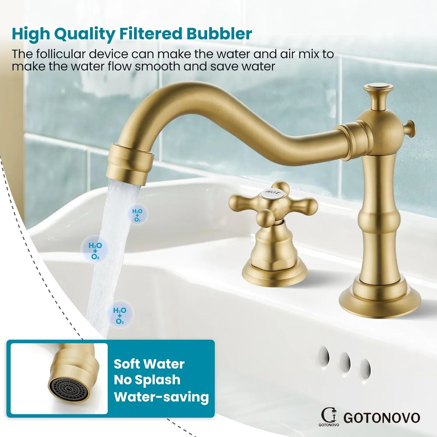 gotonovo 8 Inch Centerset Widespread Bathroom Sink Faucet Brushed Gold Mixing Tap Deck Mount Double HOT and Cold Label Cross Knobs 3 Hole with ABS Pop Up Drain Vanity Faucets