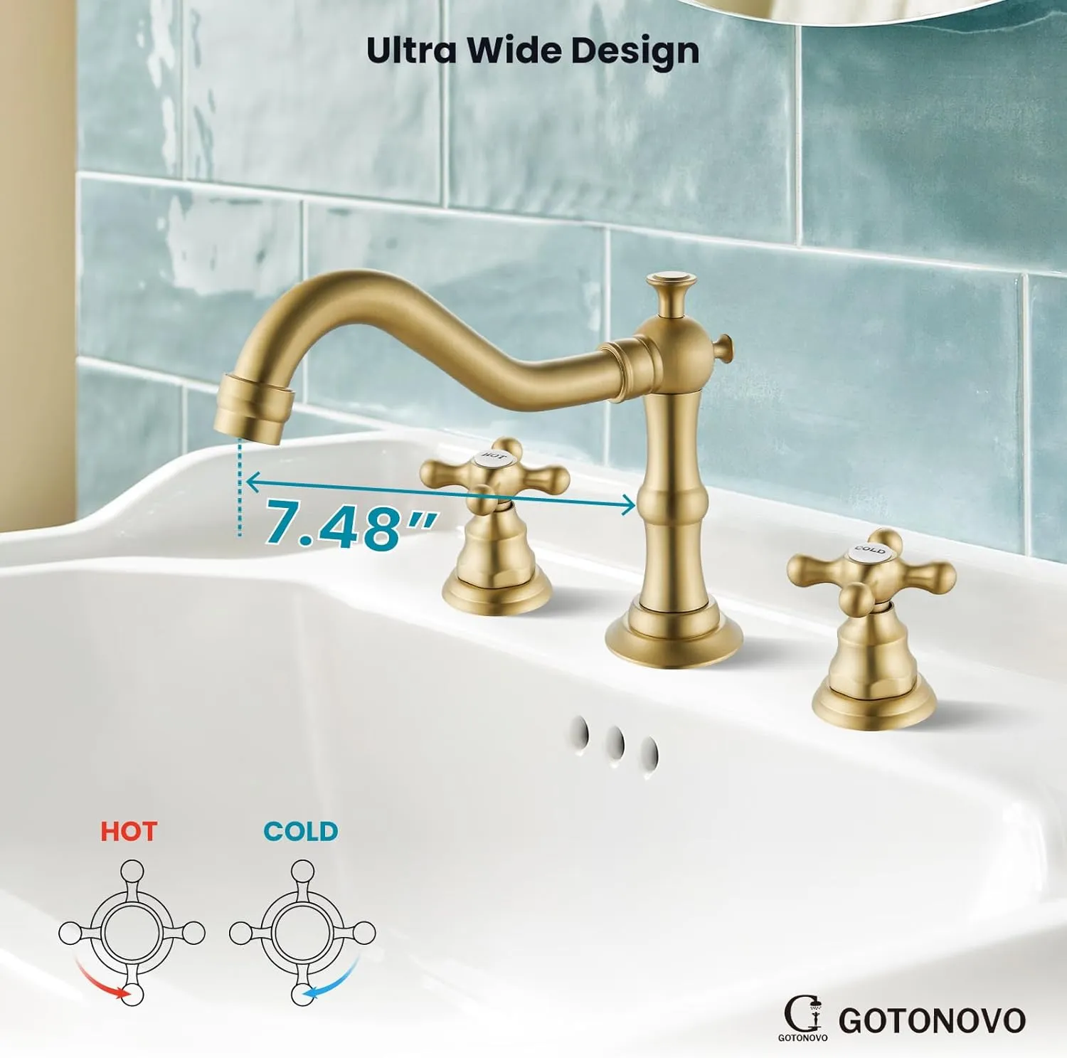 gotonovo 8 Inch Centerset Widespread Bathroom Sink Faucet Brushed Gold Mixing Tap Deck Mount Double HOT and Cold Label Cross Knobs 3 Hole with ABS Pop Up Drain Vanity Faucets