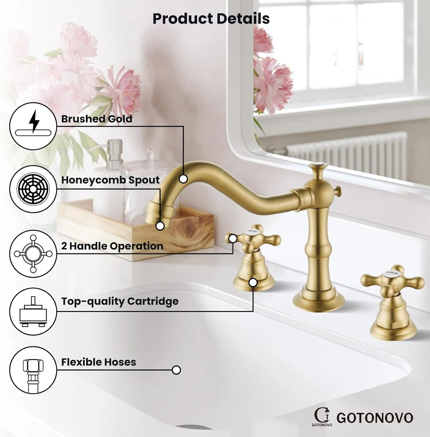 gotonovo 8 Inch Centerset Widespread Bathroom Sink Faucet Brushed Gold Mixing Tap Deck Mount Double HOT and Cold Label Cross Knobs 3 Hole with ABS Pop Up Drain Vanity Faucets