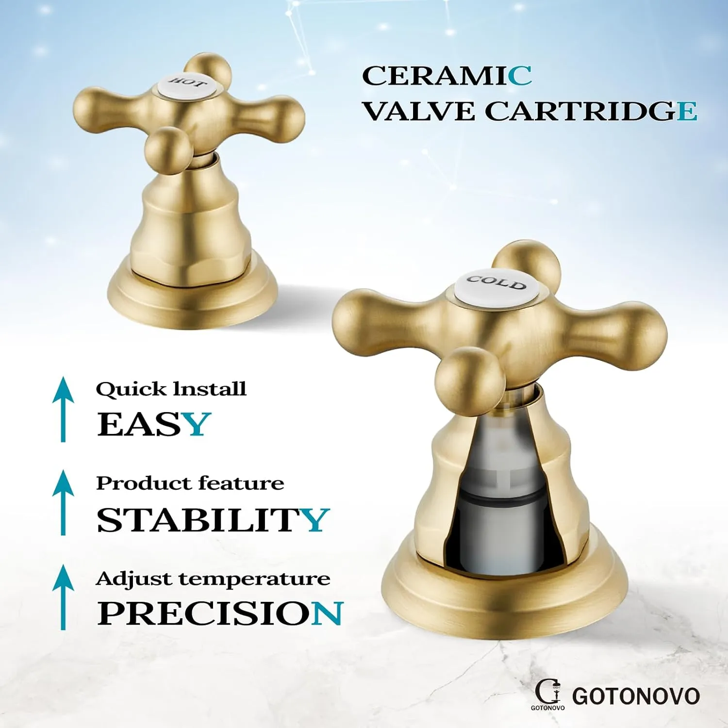 gotonovo 8 Inch Centerset Widespread Bathroom Sink Faucet Brushed Gold Mixing Tap Deck Mount Double HOT and Cold Label Cross Knobs 3 Hole with ABS Pop Up Drain Vanity Faucets