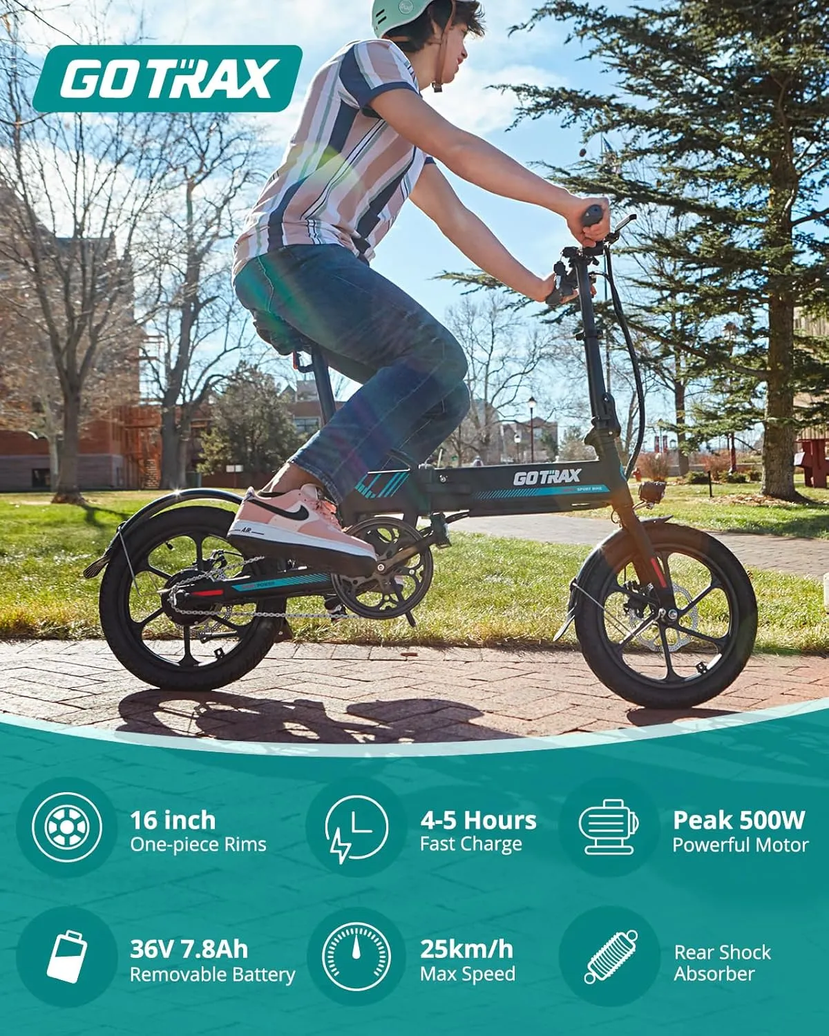 Gotrax 16" Folding Electric Bike, Max 28Miles Range(Pedal-Assist) & Speed 15.5Mph Power by Peak 500W, E-Bike with Removable Battery, Suspension & Adjustable Size, Commuter Bicycle for Adults/Teens