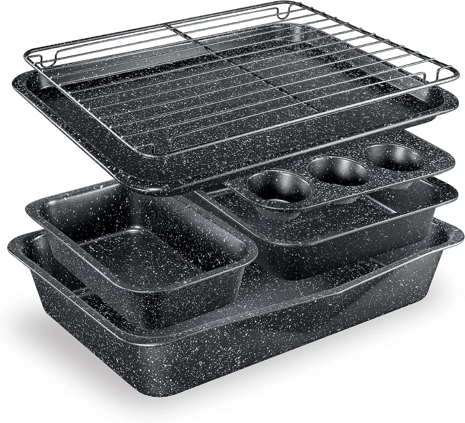 Granitestone Black 6 Pc Stackable Nonstick Bakeware Set With Oven Pans, Baking Sheet, Wire Rack - Complete Kitchen Baking Set, Oven and Dishwasher Safe, Saves up to 50% More Space