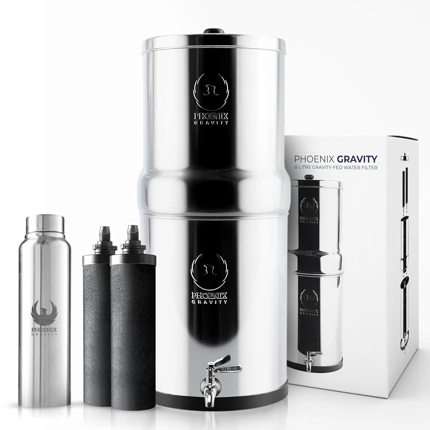 Gravity Water Filter System - 2.25 Gallons NSF Certified AISI 304 Stainless Steel Countertop Water Filter System with 2 Smart (Black) Carbon Filter Elements & Free Stainless Steel Water Spigot (2.25G)