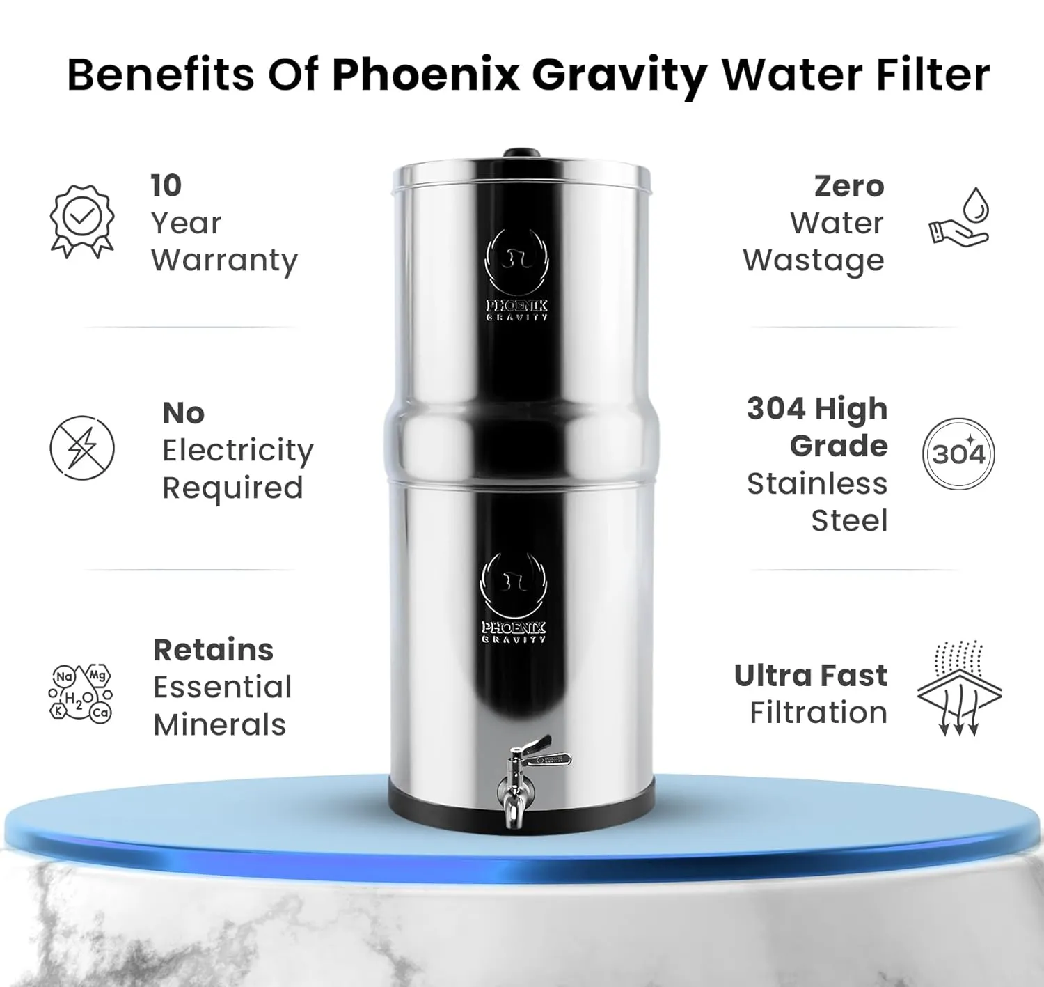 Gravity Water Filter System - 2.25 Gallons NSF Certified AISI 304 Stainless Steel Countertop Water Filter System with 2 Smart (Black) Carbon Filter Elements & Free Stainless Steel Water Spigot (2.25G)