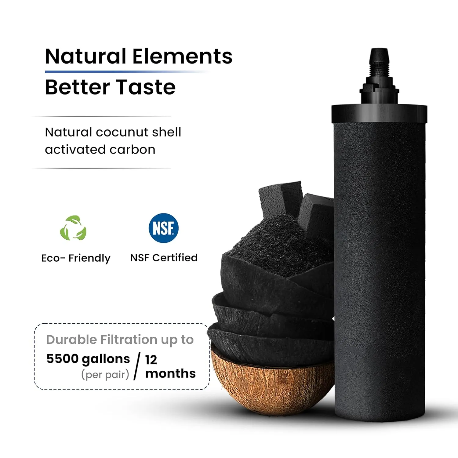Gravity Water Filter System - 2.25 Gallons NSF Certified AISI 304 Stainless Steel Countertop Water Filter System with 2 Smart (Black) Carbon Filter Elements & Free Stainless Steel Water Spigot (2.25G)