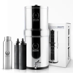 Gravity Water Filter System - 2.25 Gallons NSF Certified AISI 304 Stainless Steel Countertop Water Filter System with 2 Smart (Black) Carbon Filter Elements & Free Stainless Steel Water Spigot (2.25G)