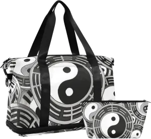 Gray Tai Chi Bagua Formation Travel Bag Weekender Duffel Bag with Toiletry Bag for Airplane Traveling Multifunctional