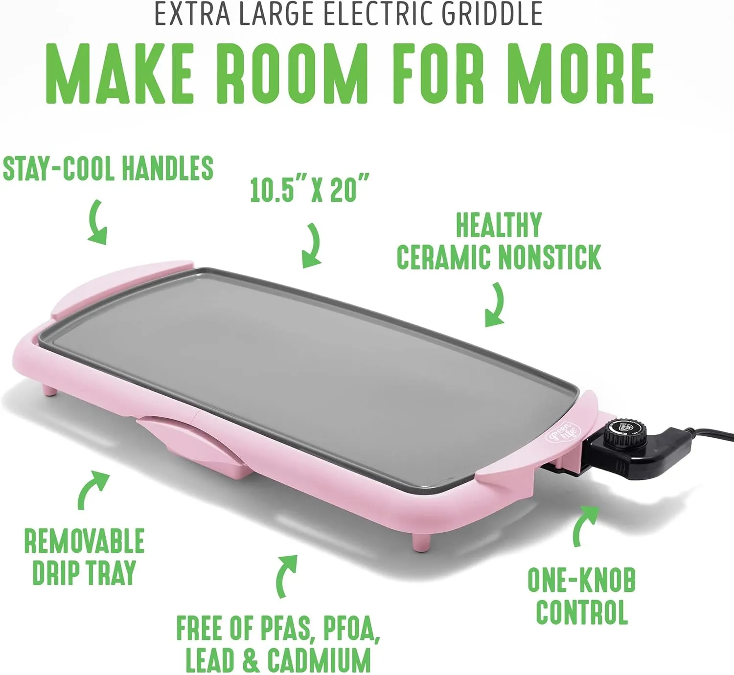 GreenLife 20” Extra Large Electric Griddle, Non-Toxic PFAS & PFOA-Free Ceramic Nonstick, Temperature Control, Quick Even Heating, Removable Drip Tray, Pancakes, Eggs, Sausage, Easy Clean, Pink