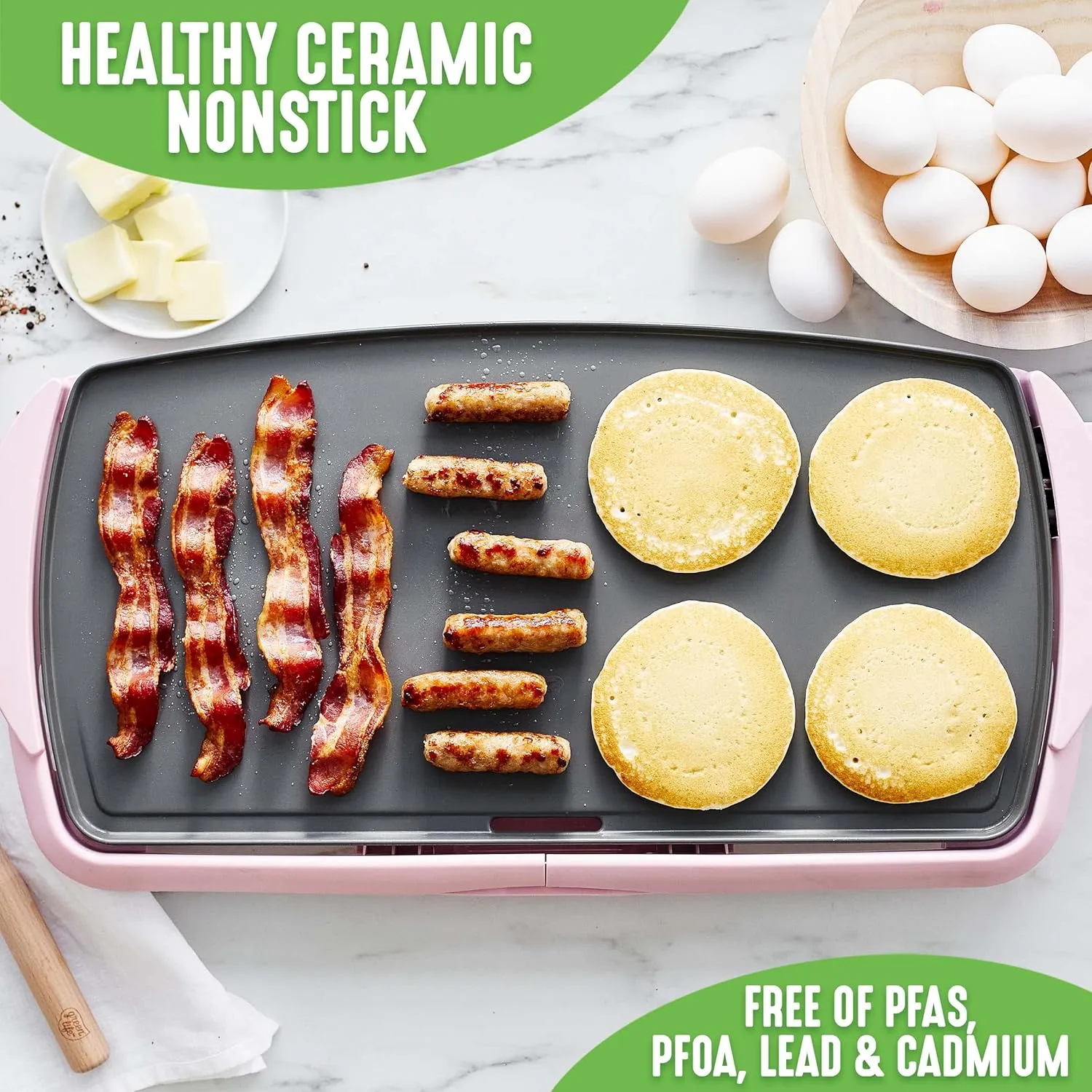 GreenLife 20” Extra Large Electric Griddle, Non-Toxic PFAS & PFOA-Free Ceramic Nonstick, Temperature Control, Quick Even Heating, Removable Drip Tray, Pancakes, Eggs, Sausage, Easy Clean, Pink